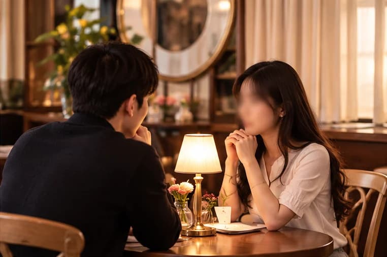 따뜻한 조명의 테이블에서 두 참가자가 마주 앉아 일대일로 대화하는 장면
