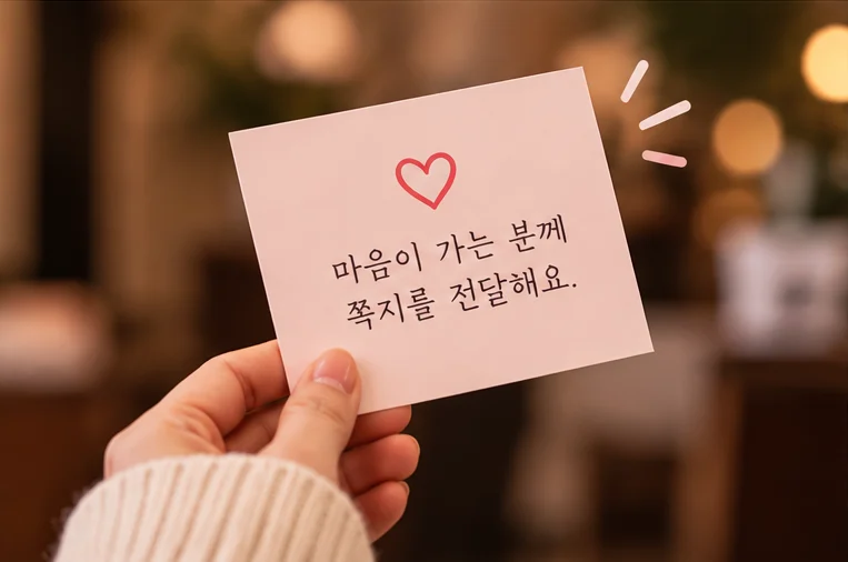 참가자가 하트와 호감 전달 문구가 적힌 쪽지를 손에 들고 있는 모습